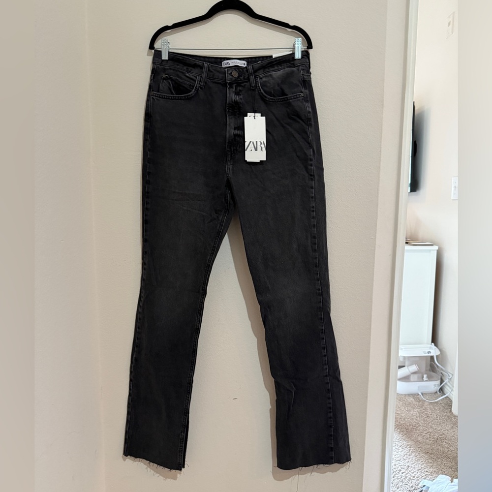 Zara Women’s Black Slim Flare Raw Split Hem Denim Jeans